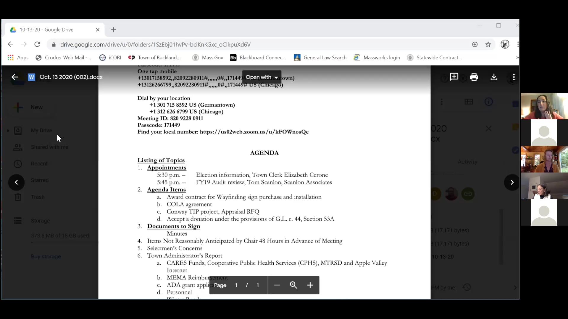 Buckland Select Board – Oct. 13, 2020