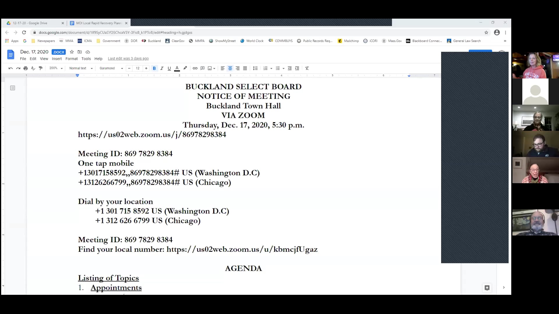 Buckland Select Board – Dec. 17, 2020