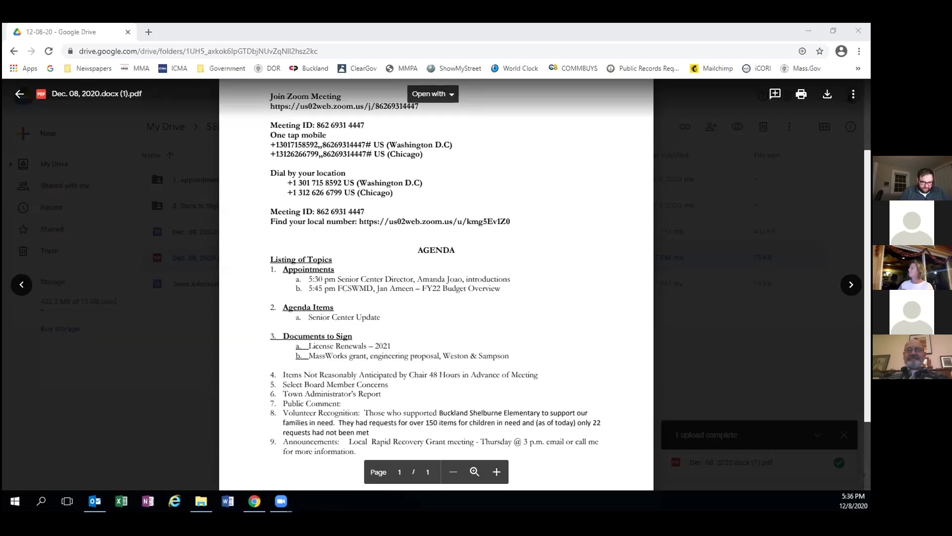 Buckland Select Board – Dec. 8, 2020