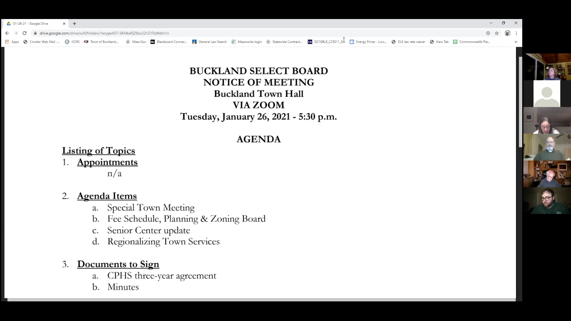 Buckland Select Board – Jan. 26, 2021
