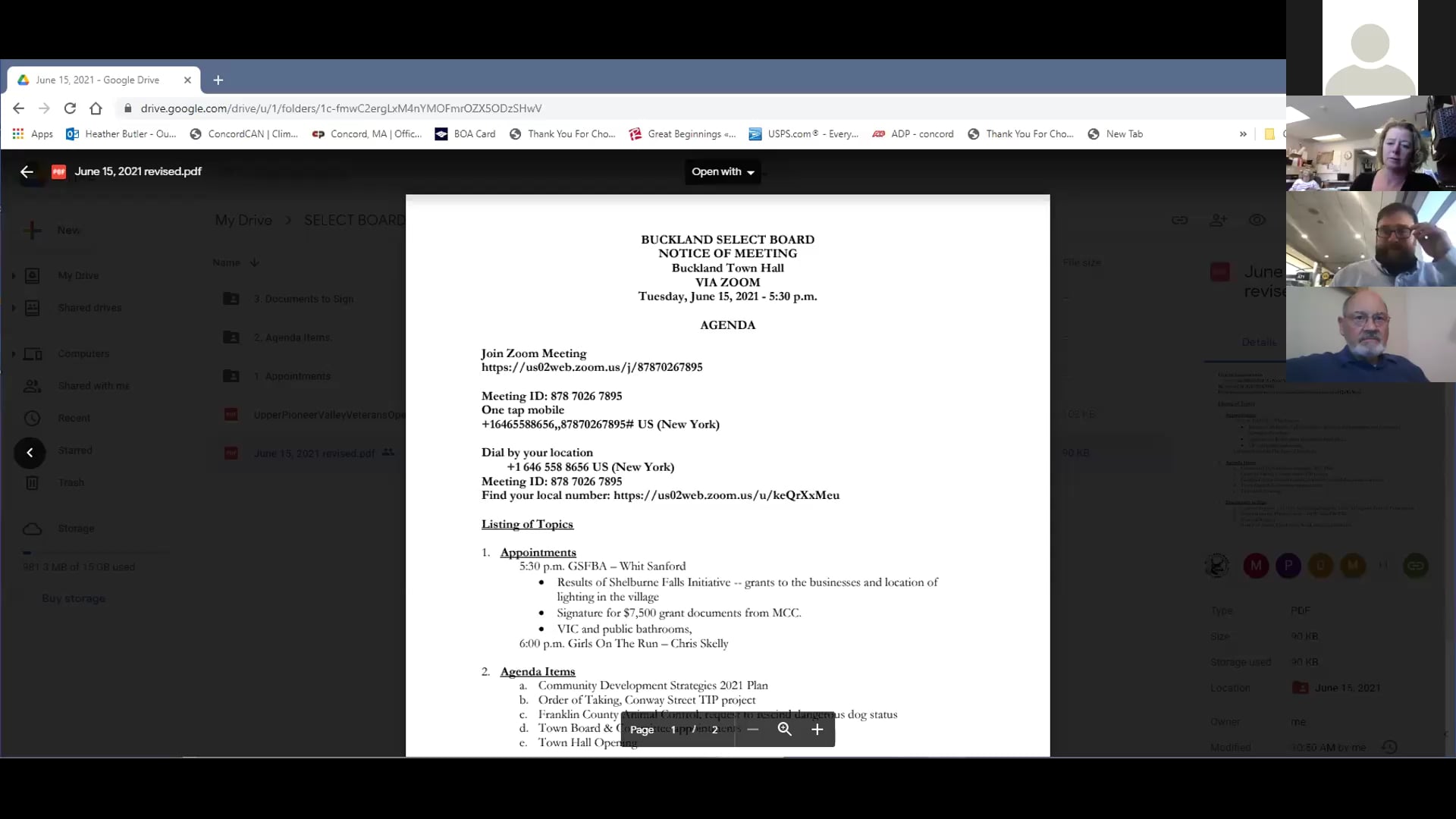 Buckland Select Board – June 15, 2021