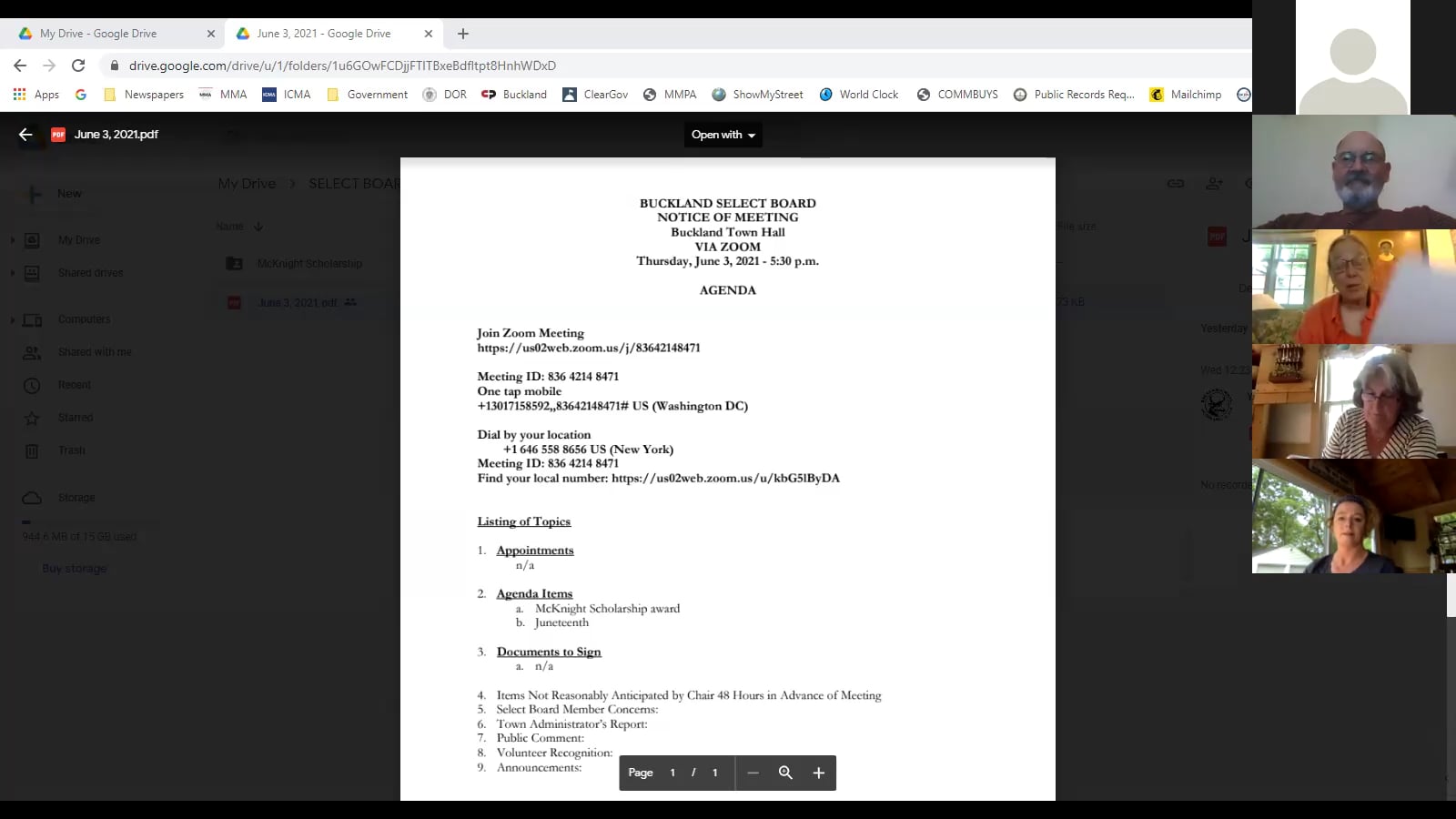 Buckland Select Board – June 3, 2021