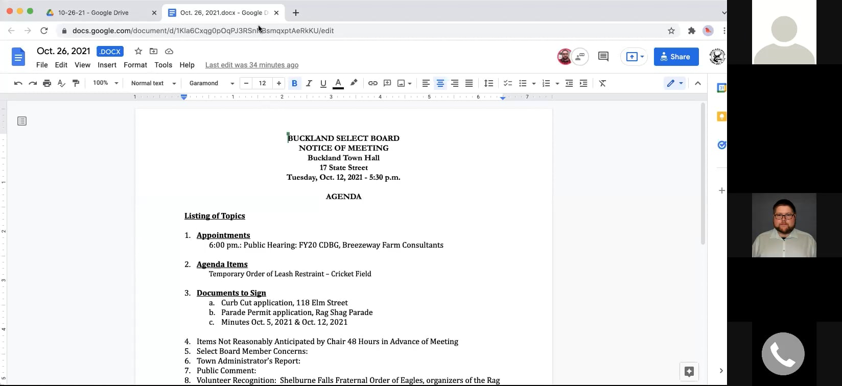 Buckland Select Board – Oct. 26, 2021