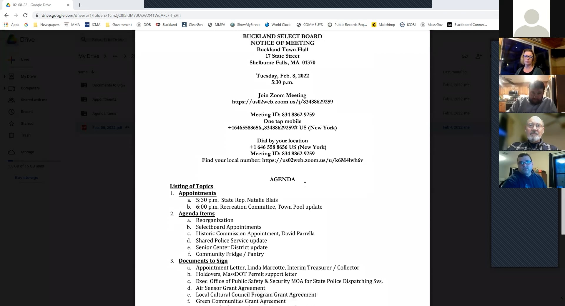 Buckland Select Board – Feb. 8, 2022