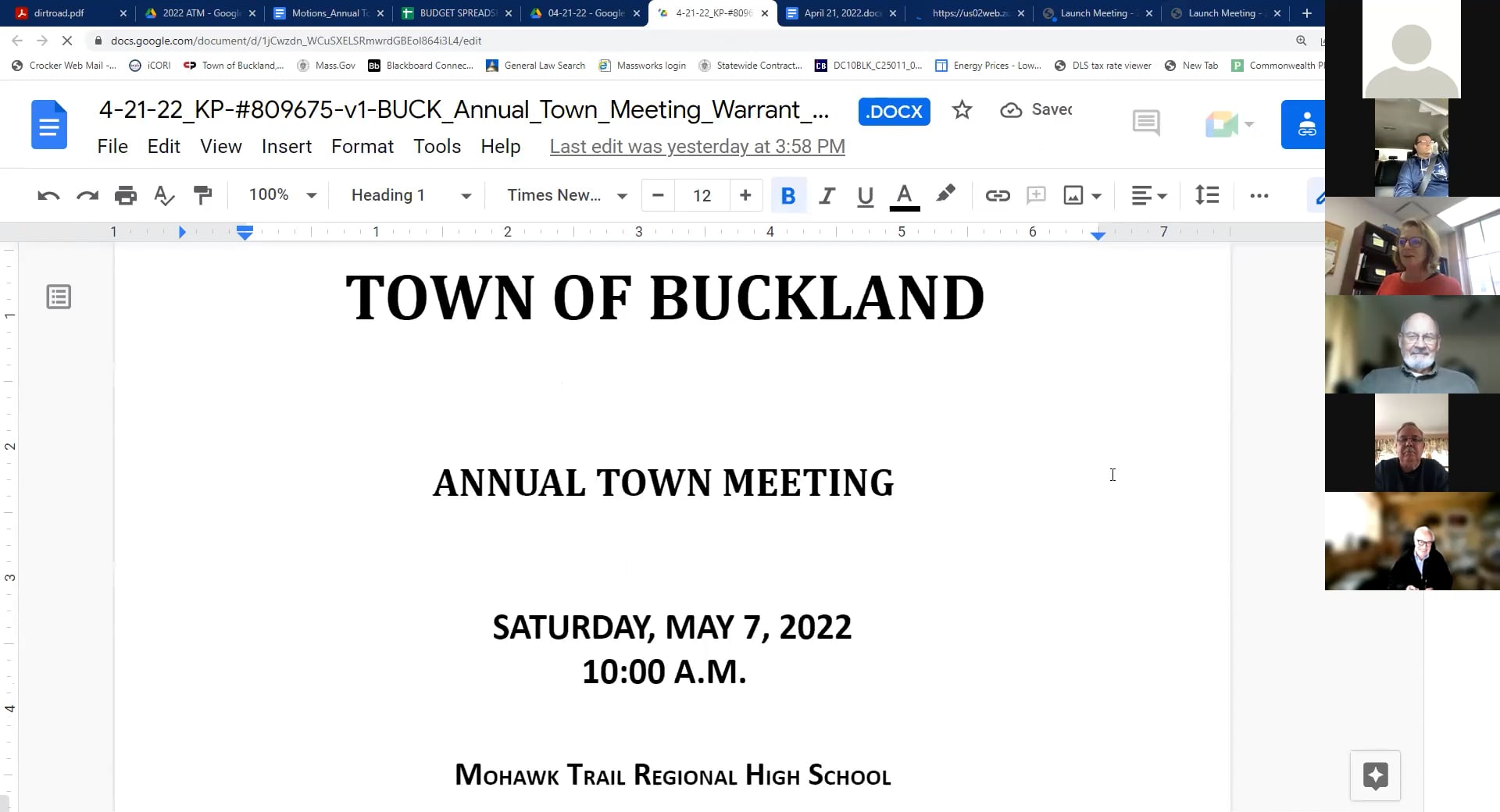 Buckland Select Board and Sewer Commissioners Meeting – April 21, 2022